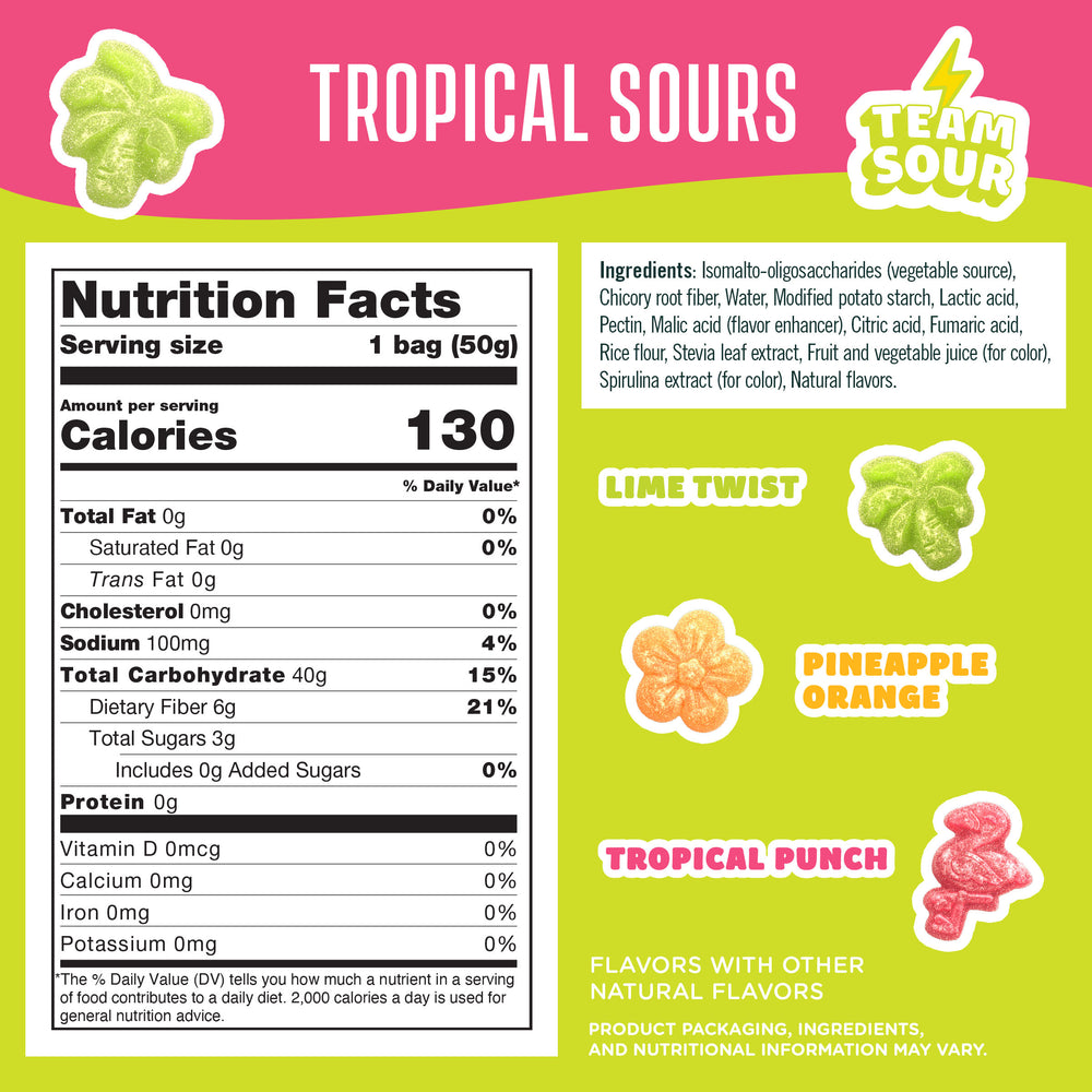 Nutrition facts and ingredients for Tropical Sours on a pink and green background. Shows 130 calories, 3g sugar, and lime, orange, & punch flavors.