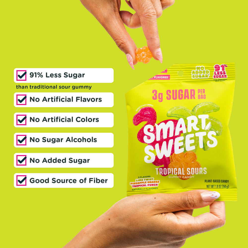 Tropical Sours bag on a green background. Copy: 91% less sugar, no artificial flavors/colors, no sugar alcohols/added sugar, good source of fiber.