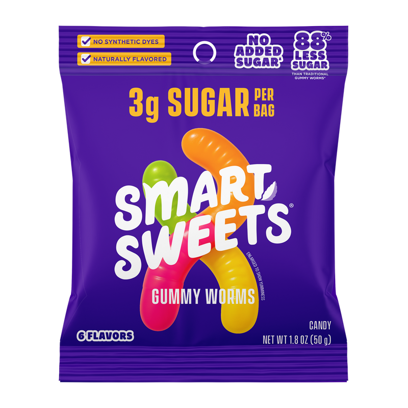Gummy Worms candy bag. Copy: 3g sugar per bag, 88% less sugar, no added sugar, no synthetic dyes, naturally flavored, 6 flavors.