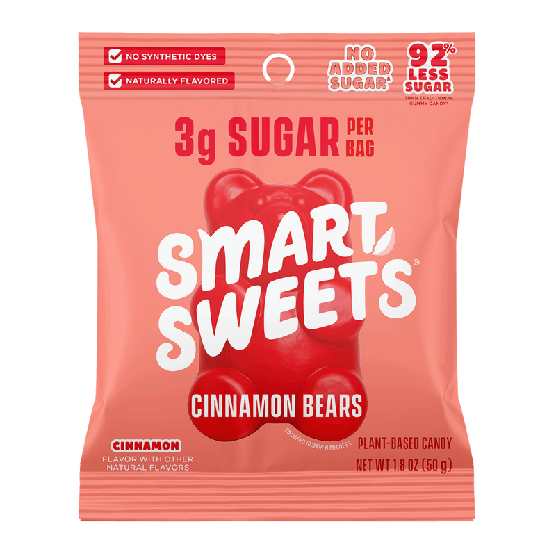 Cinnamon Bears candy bag. Copy: 3g sugar per bag, 92% less sugar, no added sugar, no synthetic dyes, naturally flavored, plant-based candy.