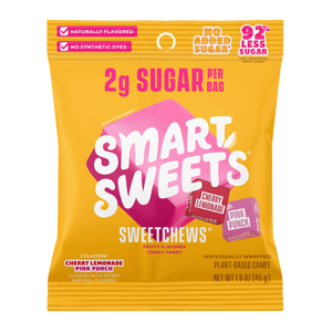 SweetChews candy bag on a yellow background. Copy: 2g sugar per bag, 92% less sugar, plant-based candy, Cherry Lemonade and Pink Punch.