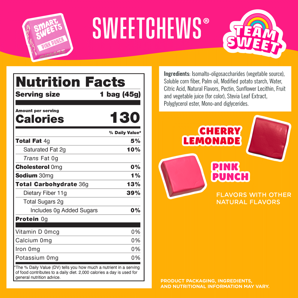 Nutrition facts and ingredients for SweetChews on a pink and yellow background. Shows 130 calories, 2g sugar, Cherry Lemonade, and Pink Punch.