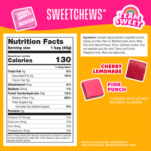 Nutrition facts and ingredients for SweetChews on a pink and yellow background. Shows 130 calories, 2g sugar, Cherry Lemonade, and Pink Punch.