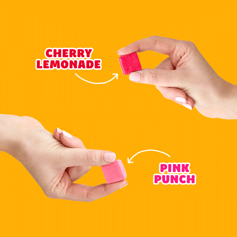 Two pink chewy candies on a yellow background, with white arrows pointing to text labels "Cherry Lemonade" and "Pink Punch".