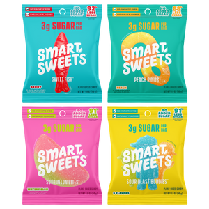 Four candy bags: Sweet Fish, Peach Rings, Sourmelon Bites, and Sour Blast Buddies. All feature "3g sugar per bag" and "plant-based candy."