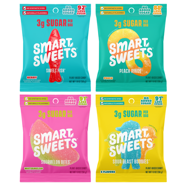 Four candy bags: Sweet Fish, Peach Rings, Sourmelon Bites, and Sour Blast Buddies. All feature "3g sugar per bag" and "plant-based candy."