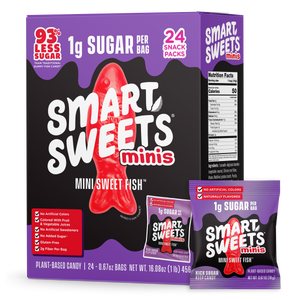 Minis Mini Sweet Fish: 93% Less Sugar, 1g Sugar Per Bag, 24 Snack Packs, Plant-Based.