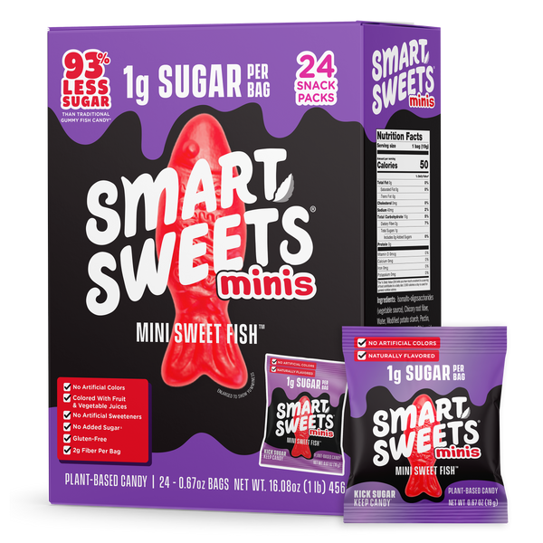 Minis Mini Sweet Fish: 93% Less Sugar, 1g Sugar Per Bag, 24 Snack Packs, Plant-Based.