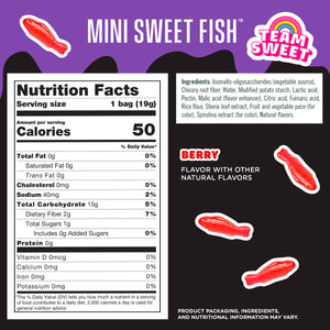 Mini Sweet Fish Team Sweet, Berry flavor. Includes full Nutrition Facts and Ingredients.