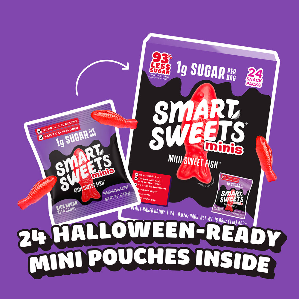 Mini Sweet Fish: 93% less sugar, 1g per bag. 24 Halloween-ready mini pouches inside.