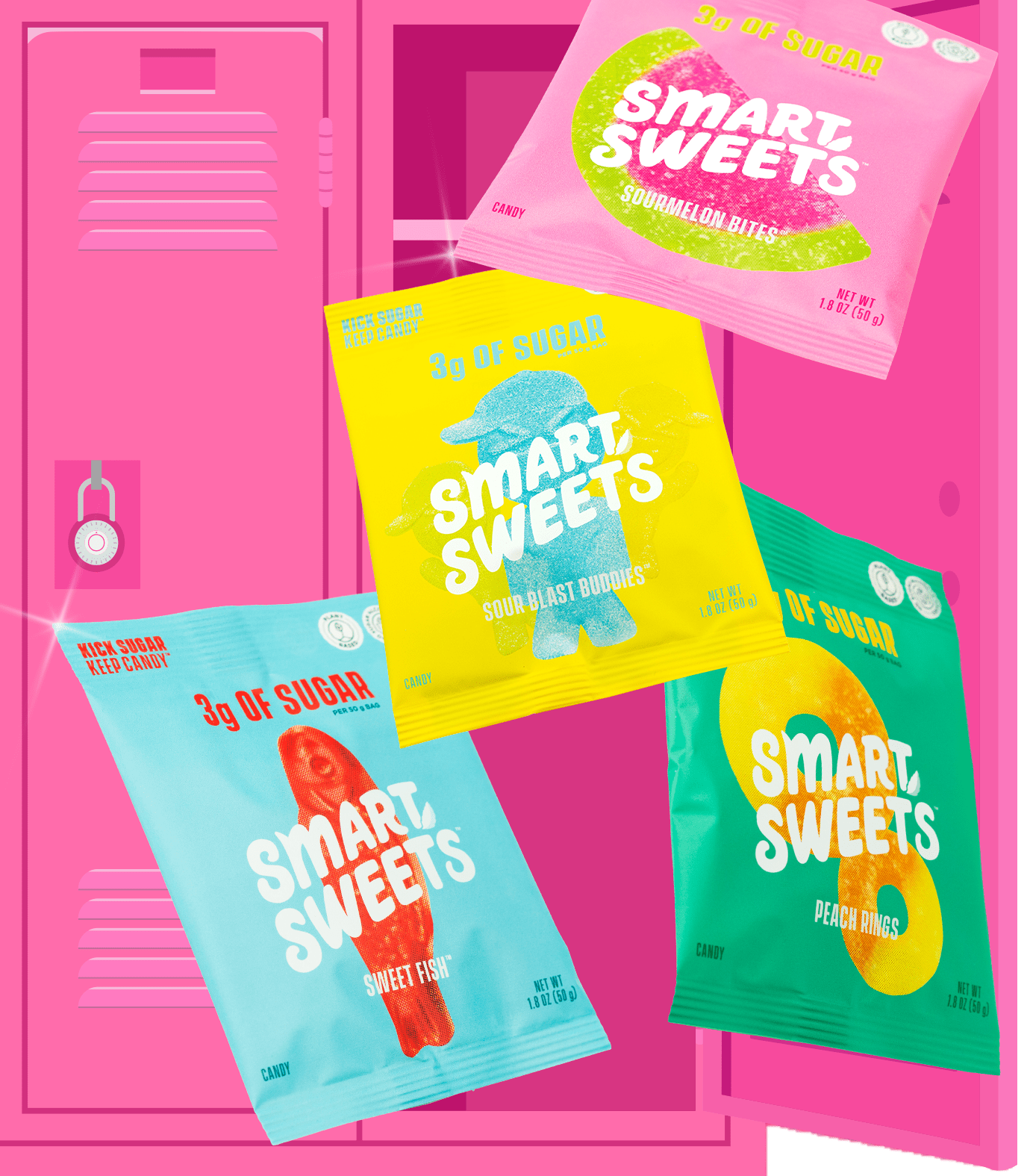 SmartSweets bags in front of pink locker