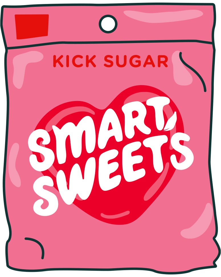 Pink packaging of Smart Sweets with 'Kick Sugar' text